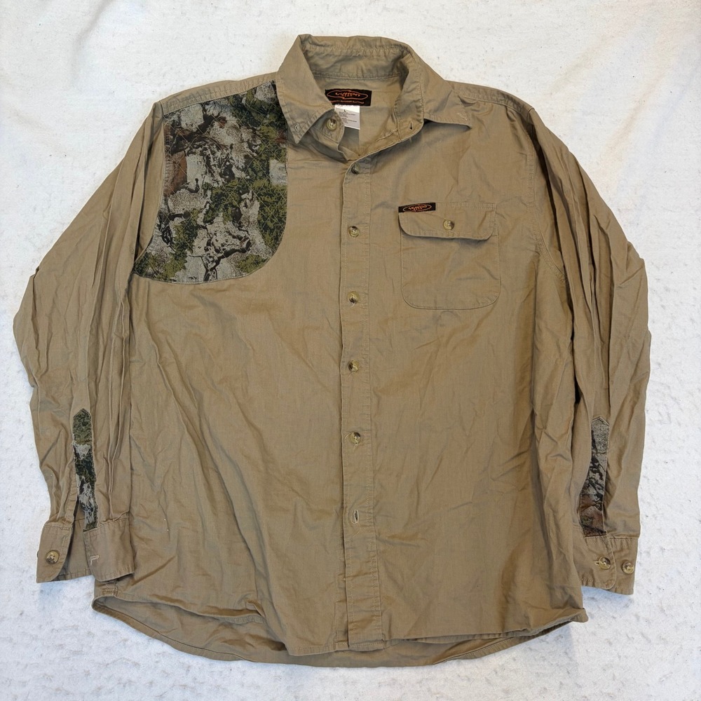 Yukon Gear Shooting Shirt Mens Large Tan Camo Patch Long Sleeve Button Up